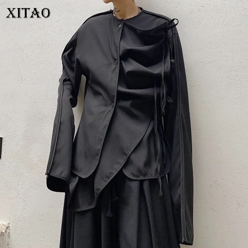 Асимметричная черная рубашка XITAO на шнуровке модная новинка Лоскутная Блузка с