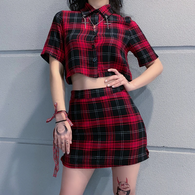 Ruibbit Новый Harajuku клетчатый комплект из 2 предметов женская уличная Укороченная