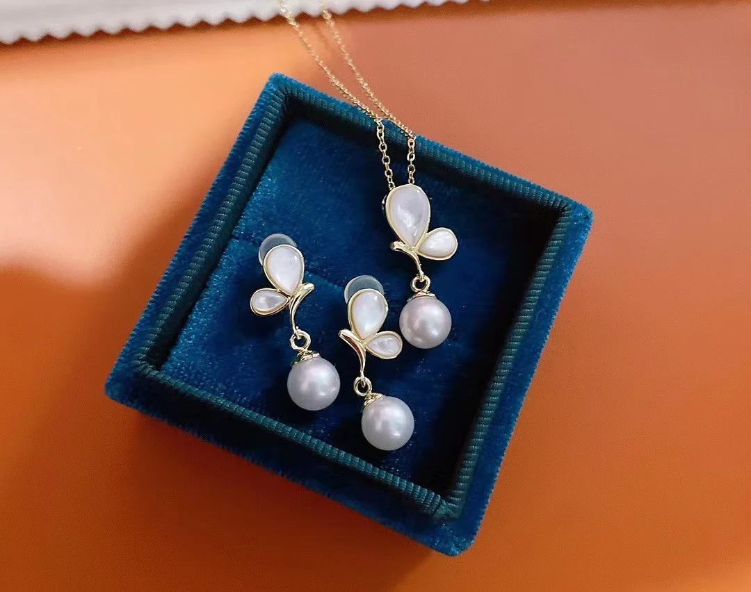 

7-8 мм идеально круглые серьги из натурального пресноводного жемчуга с кулон ожерелье с подвеской в виде 2 шт комплект ювелирных изделий