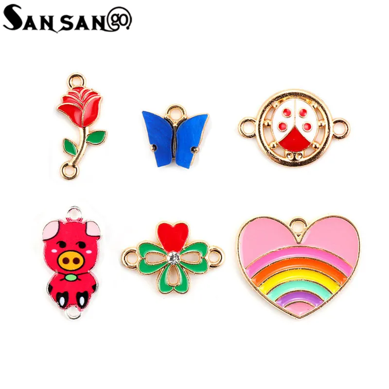 

10pcs/lot Colorful Heart Flower Butterfly Enamel Charms Connector Pendant DIY Necklace Bracelet For Jewelry Making Accessories