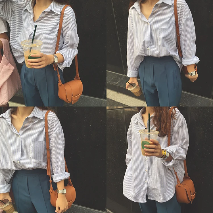 

Houthion Chiffon Slim Women's Blouses New Casual Blouse Fashion Long Sleeve Top Stripe Buttons Polo Shirt Spring/autumn
