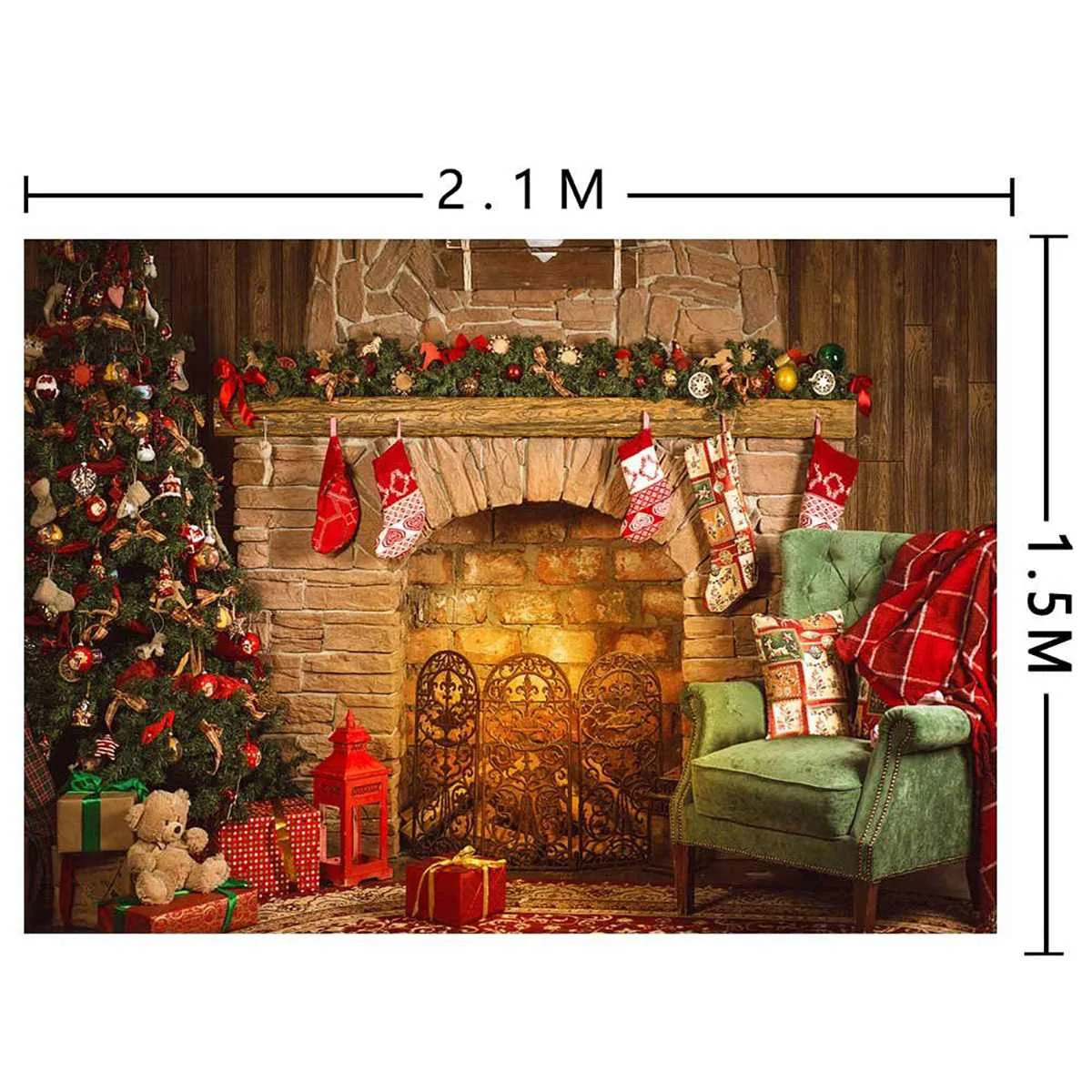 

Christmas Backdrop for Photography Fireplace and Chirstmas Tree Background for Photo Studio Red Sock Wood Wall Photocall