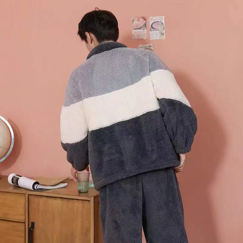 Men's Pajama Set Winter Thicken Warm Sleepwear 2Pcs/Set Tops + Pants Home Clothes Coral Fleece Pyjamas Suit