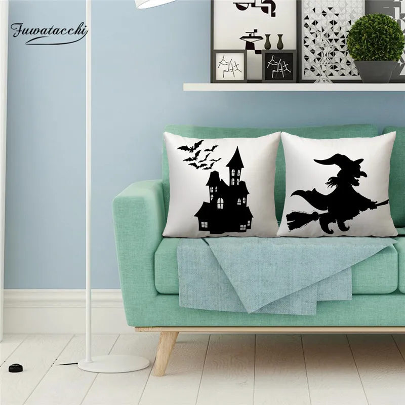 Fuwatacchi Black Cat Caster Bat Witch Printed Cushion Cover White Background Pillow Covers For Home Sofa Decor Throw Pillowcases | Дом и сад
