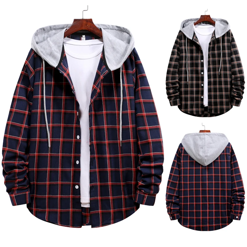 

Men Shirts 2020 Hooded Plaid Shirt Longsleeve Shirt for Mens Fashion Clothing Trends Casual Loose Shirts Business Dress Shirt