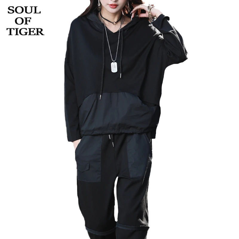 

SOUL OF TIGER European Designer Style Spring Outfit Womens Vintage Hooded Two Pieces Sets Ladies Loose Tops And Pants Plus Size