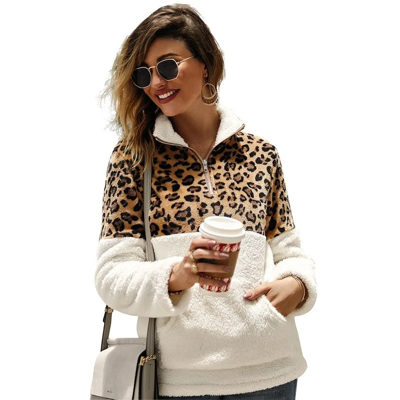 

New Autumn Women Hoodies & Sweatshirts Leopard Pullovers Zipper Stand Collar Long Sleeve Sweatshirts Lady Tracksuits Casual Tops