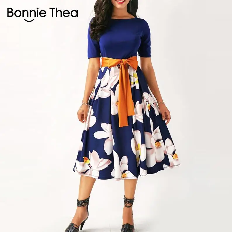 Navy Blue Bonnie Thea женское летнее и осеннее синее платье с принтом женское офисное элегантное платье с цветочным принтом больших размеров вечерние длинные большие платья - Цвет: Navy Blue