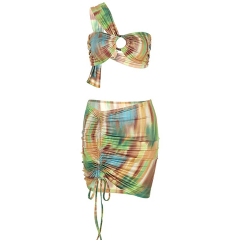 

2021 New Two Piece Floral Print Women's Set Sexy Sleeveless Halter Backelss Female Top Summer Slim Lace Up Bandage Dress Suit