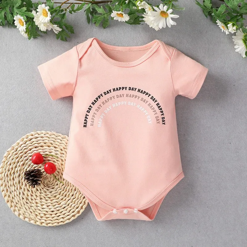 

Summer Cute Baby Girl Fashion Romper Infant Candy Color Short Sleeve Triangle Romper Letter Print Rainbow Bodysuit