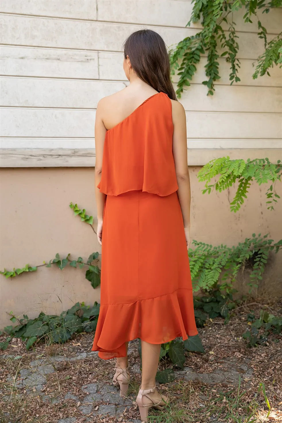 

One Shoulder Lining Chiffon Dress-TILE