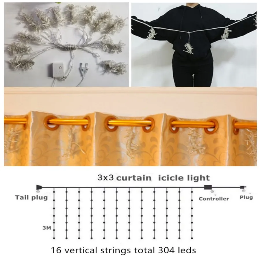 Светодиодные оконные Шторы светильник 3x3 м 304 светодиодов сосульки Звездное Фея s