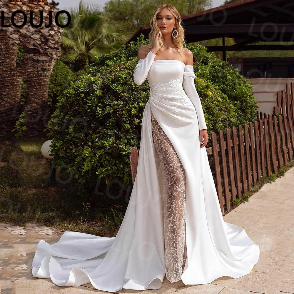 

LUOJO сексуальные атласные кружевные современные свадебные платья с открытыми плечами длинные фотооборки