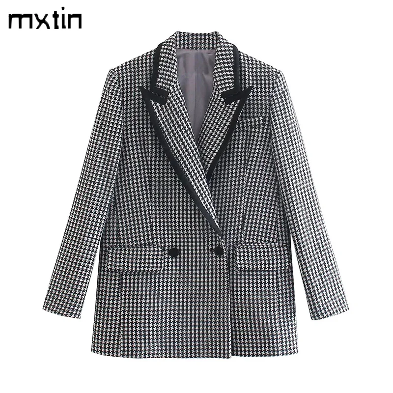 

2021 Women Autumn Vintage Plaid Double Breasted Blazers and Jackets Fashion Long Sleeve Pockets Office Lady Female Blazer Coat