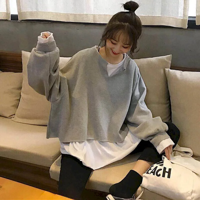 

Spring/autumn Korean Loose Fake Two-piece Sweatshirt Women Pullover Long-sleeved Tops Ins Jacket Female Student Thin Top Kawaii