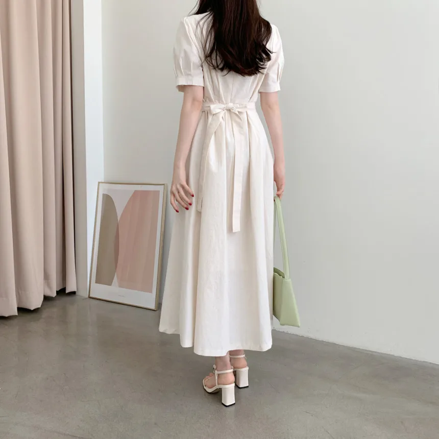

ZCSMLL Square Neck Pleated Lace-up Women Dresses Waist Slimming Solid Color Puff Sleeve Dress for Female 2021 Spring Summer