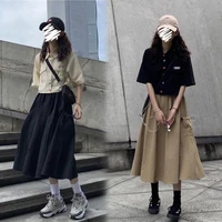 houzhou harajuku long skirt women vintage drawstring pocket patchwork elastic waist midi skirt summer japanese style streetwear