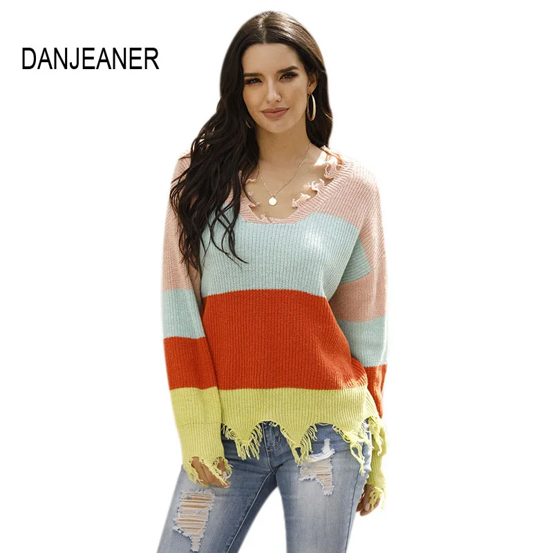 

Свитер женский Радужный в полоску, с длинным рукавом и V-образным вырезом, Осень-зима 2020