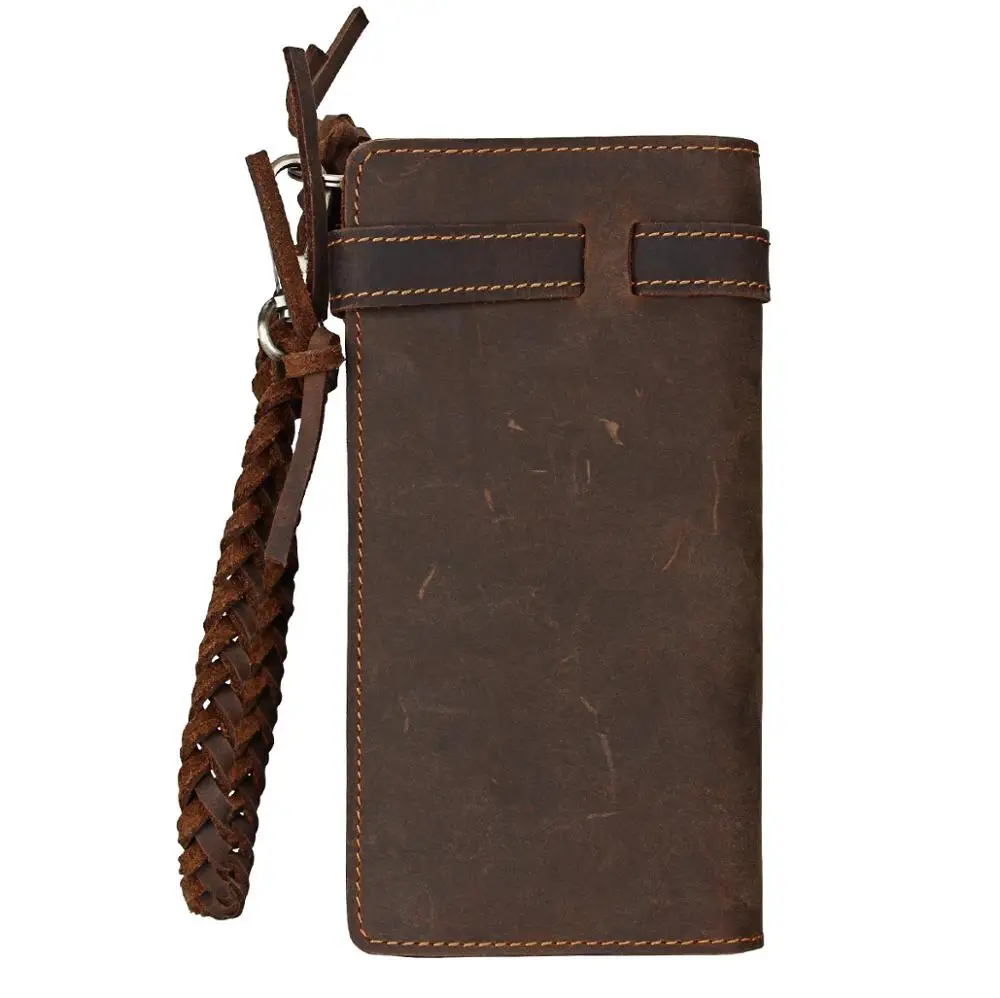 New Fashion Top Layer Cowskin Long Wallet with Braided Hand Strap Vintage Genuine Leather Coin Purse Luxury Card Clutch Bag