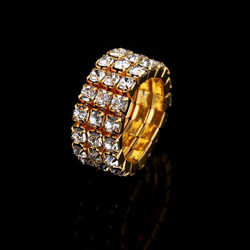 3 row gold ring 1-5 рядов золотого цвета кольца для невесты обручальные кольца Кристалл Стразы стрейч кольца для женщин - Цвет основного камня: 3 row gold ring