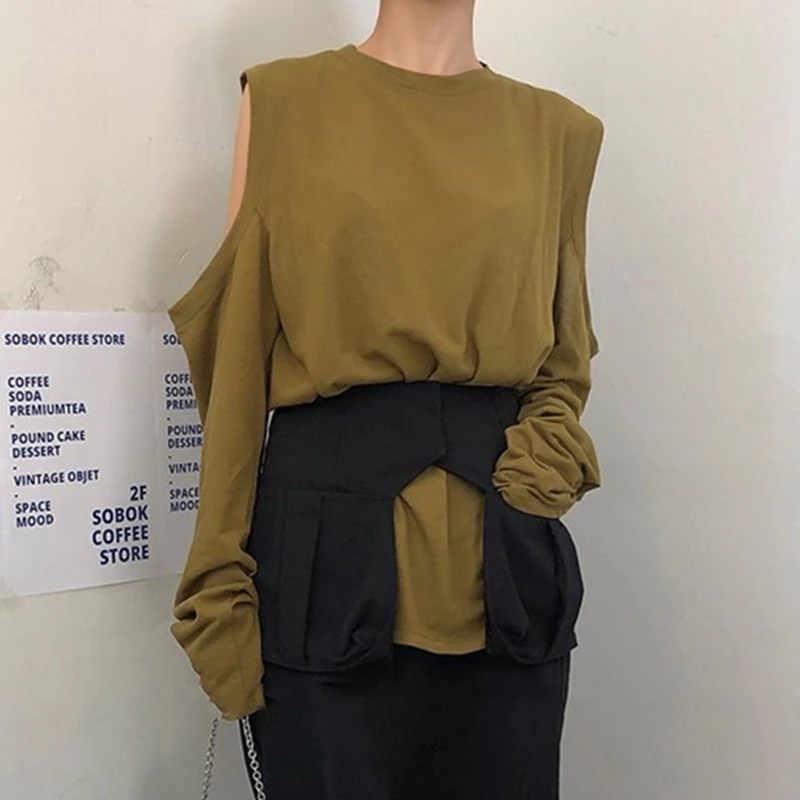 

Spring and Autumn Women's T-shirt Hollow Strapless Long Sleeve T-shirt Women's Retro Casual Loose T-shirt 2021 Women's Clothing