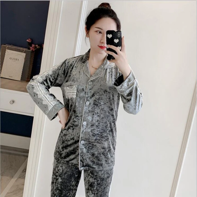 Зимний пижамный комплект женская теплая одежда для сна темно-золотые бархатные