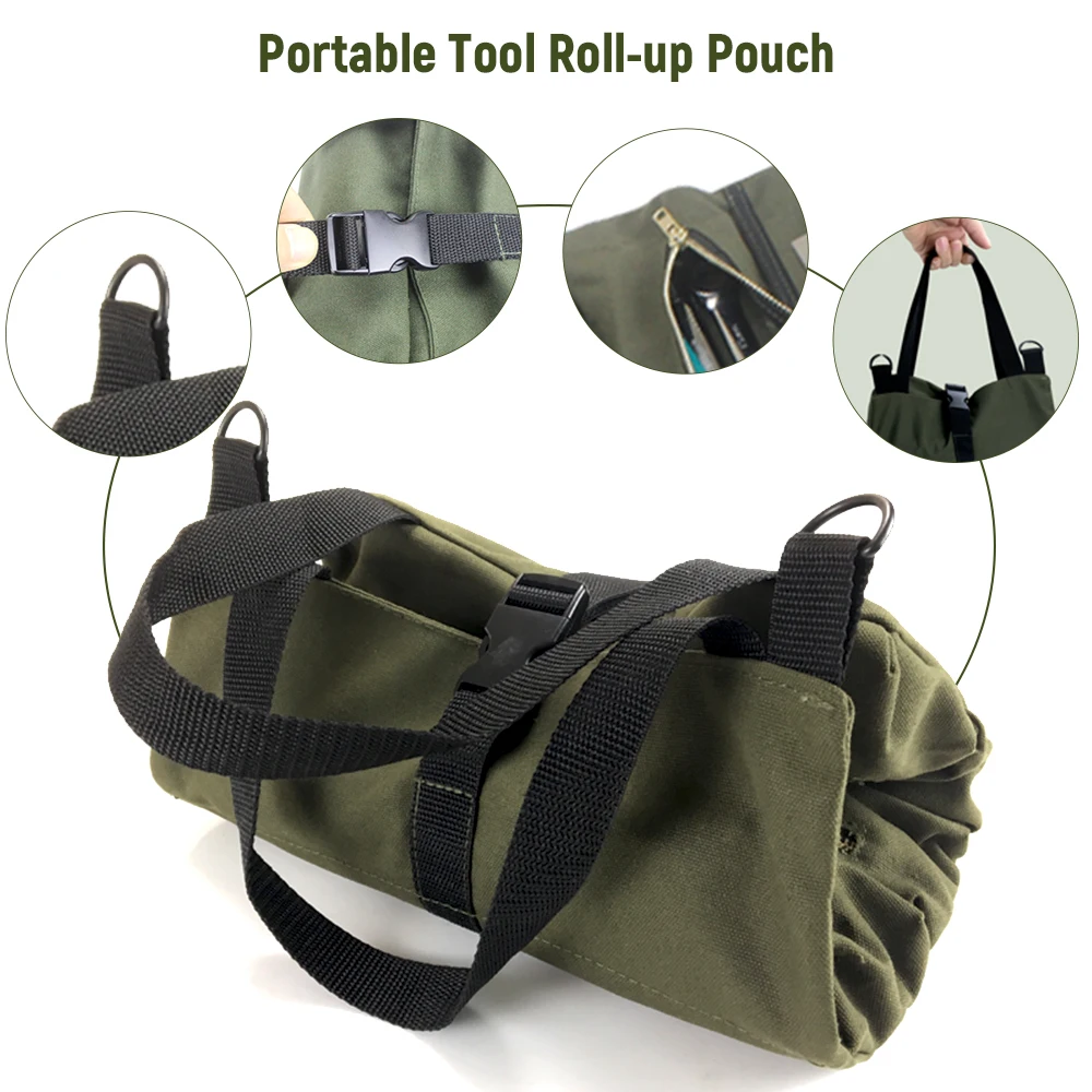 

PENGGONG Tool Roll Up Bag Zippered Bag 5 Pockets Canvas Tool Organizer Tool Roll-up Pouch Tool Bag Workbag Zipper Utility Tote