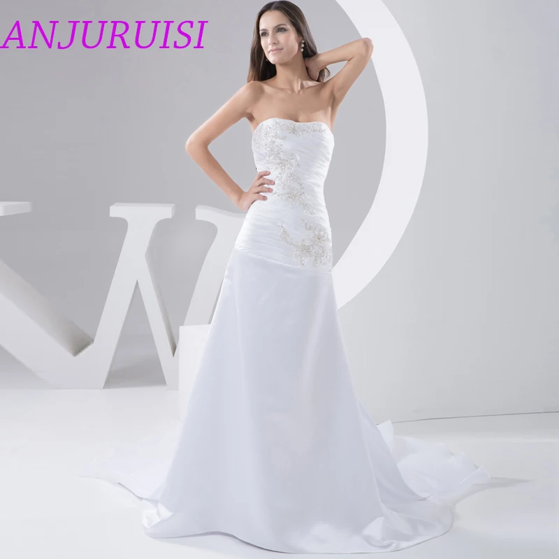 

ANJURUISI Strapless Satin Pleat Mermaid Wedding Dresses 2020 robe de mariage Appliques Beaded Bridal Gown 2019 Vestido De Novia