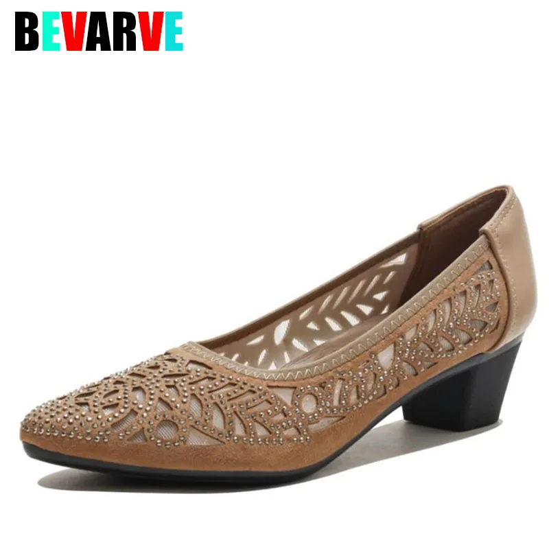 

BEVARVE Women High Heel Shoes Mesh Breathable Pumps Rhinestone Pointed Toe Thick Heels Shoes Fashion Female Shoes Elegant Footw