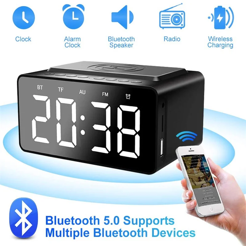 alarm clock digital Bluetooth Speaker fm radio with USB Charger &amp Wireless QI Charging 3 Level Digital Desktop Clock | Дом и сад