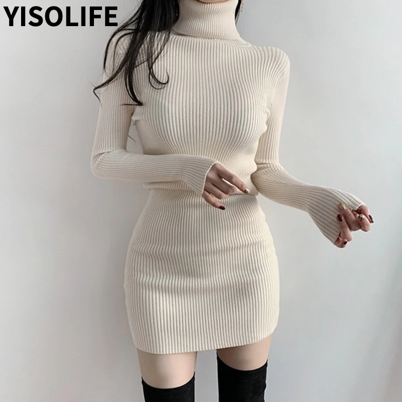 

Женские платья YISOLIFE, осенне-зимняя базовая юбка, уличный тренд, облегающее платье с высоким воротником и длинными рукавами, платье на бедрах...