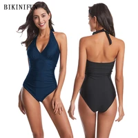 2020 new v neck swimsuit women solid color swimwear tummy control bathing sui s 2xl girl backless monokini halter one piece suit