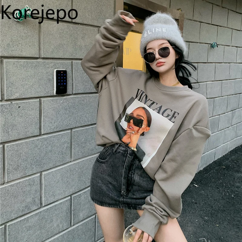 

Korejepo Women Long-sleeved O-neck Sweater 2021 Early Autumn New Retro Street Style Printed Female Loose Thin Casual Hoodies