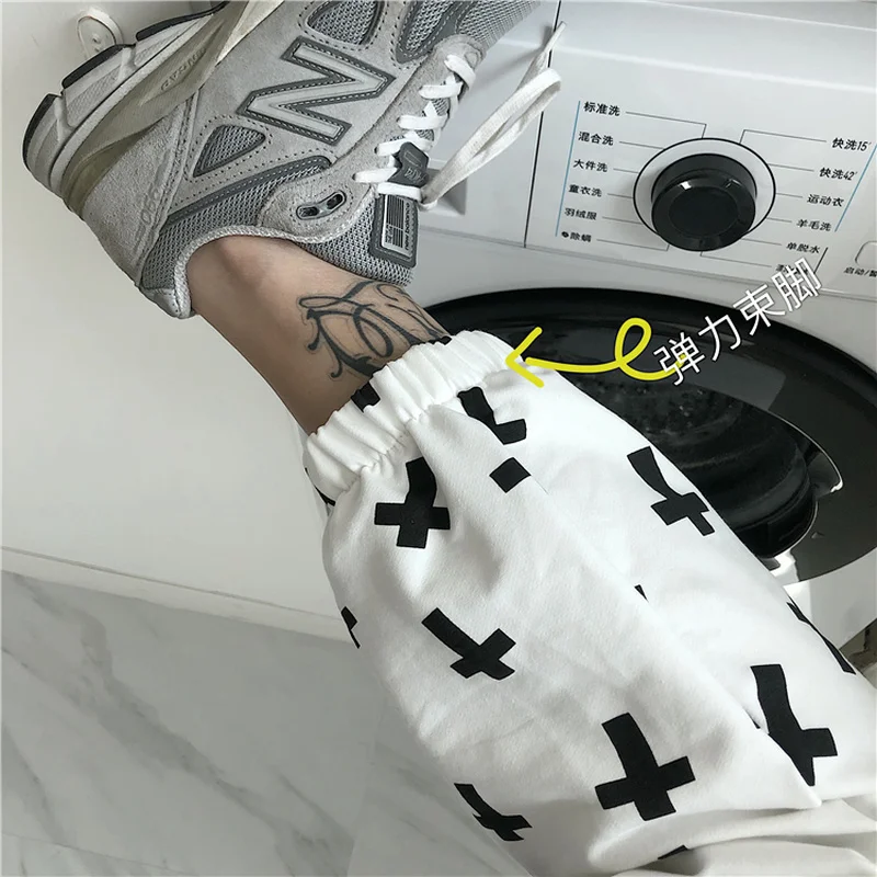 

Harajuku Pant Women Cross Pattern Elastic Waist Casual Ankle Length Pants High Street Korean Style Unisex Trousers Streetwear