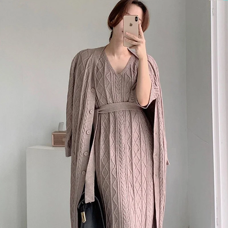 

Корейское платье, шикарный вязаный комплект из однобортного кардигана, свитера, пальто и закрытой талией