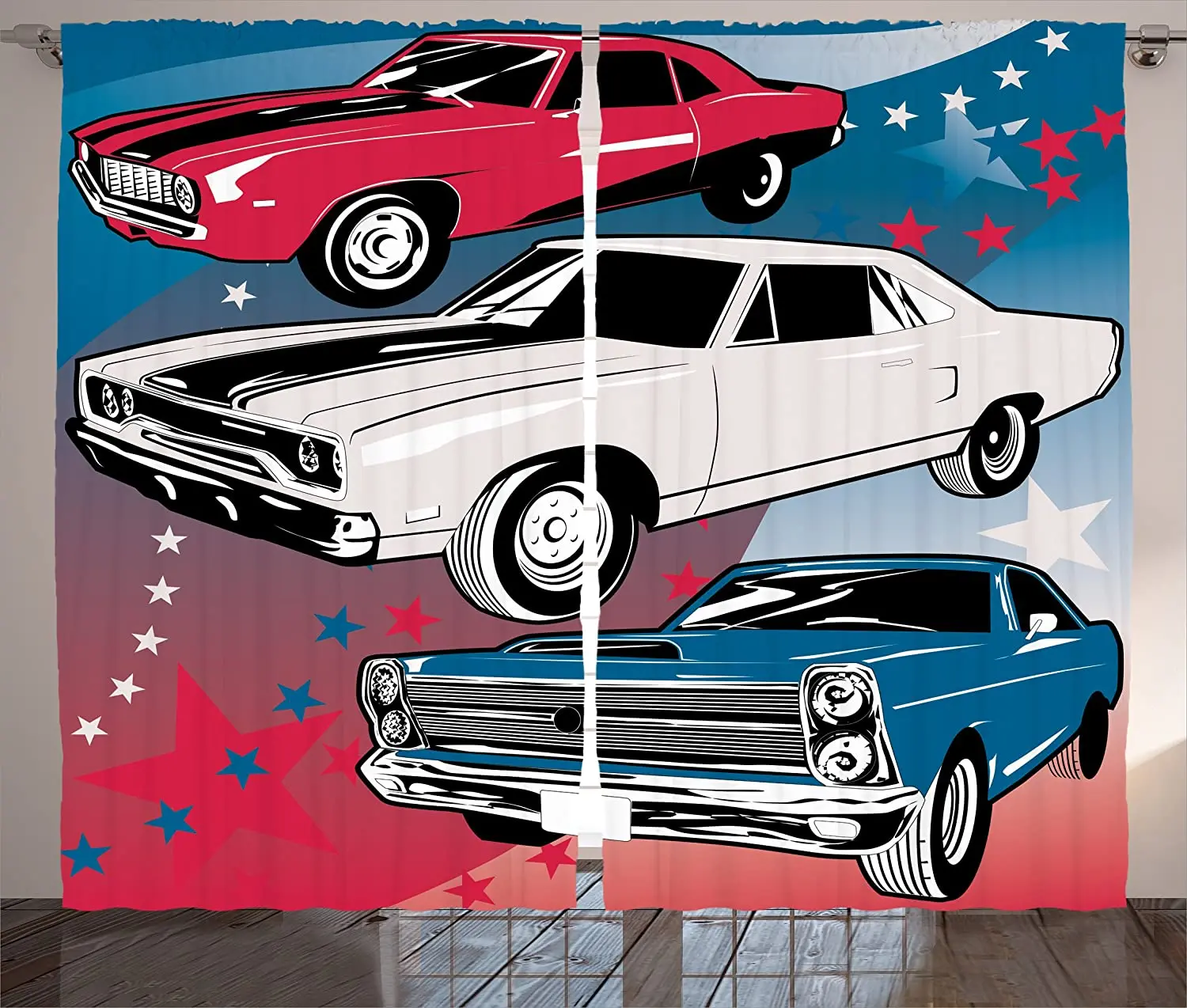 

Cars Curtains for Living Room Pop Group of Nostalgic American Muscle Cars with Stars Antique Print Window Drapes for Kids Room