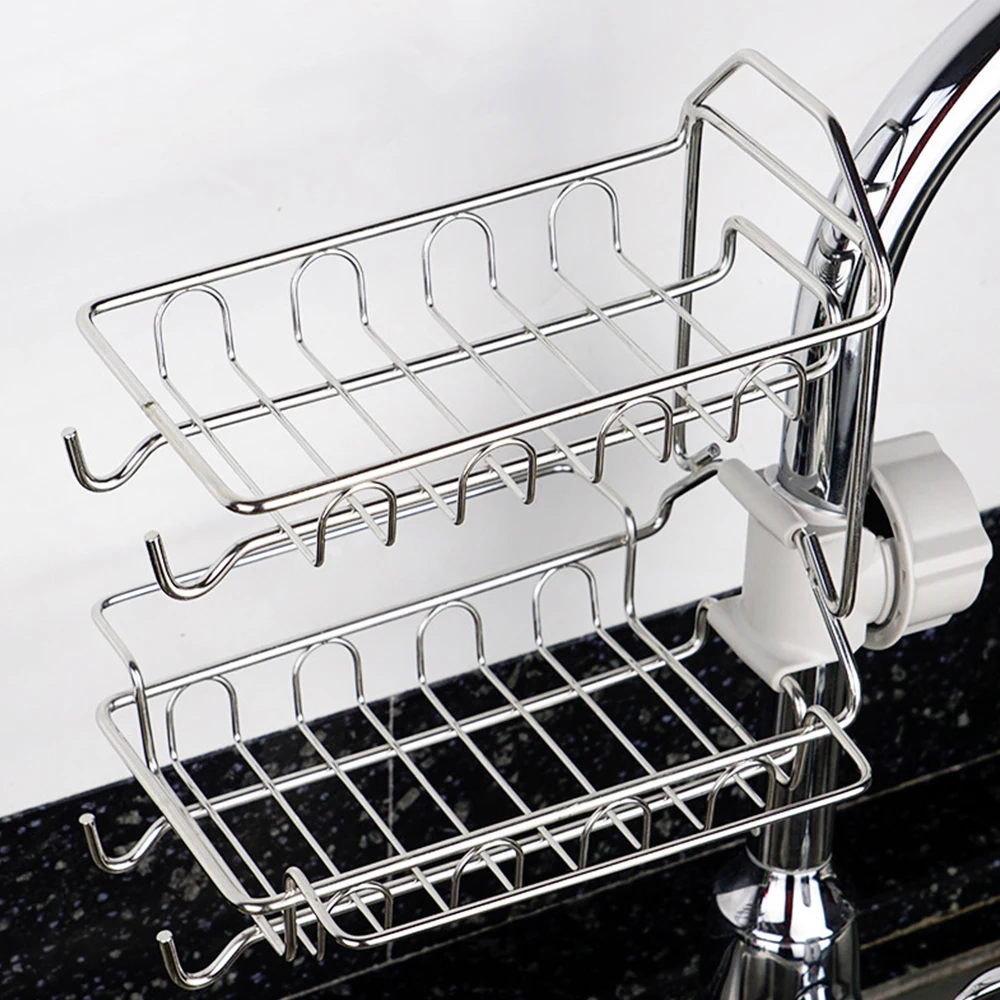 

Sink Storage Rack Kitchen Faucet Drain Shelf Sponge Dishcloth Towel Holder Stainless Steel Bathroom Organizer With 2 Hook