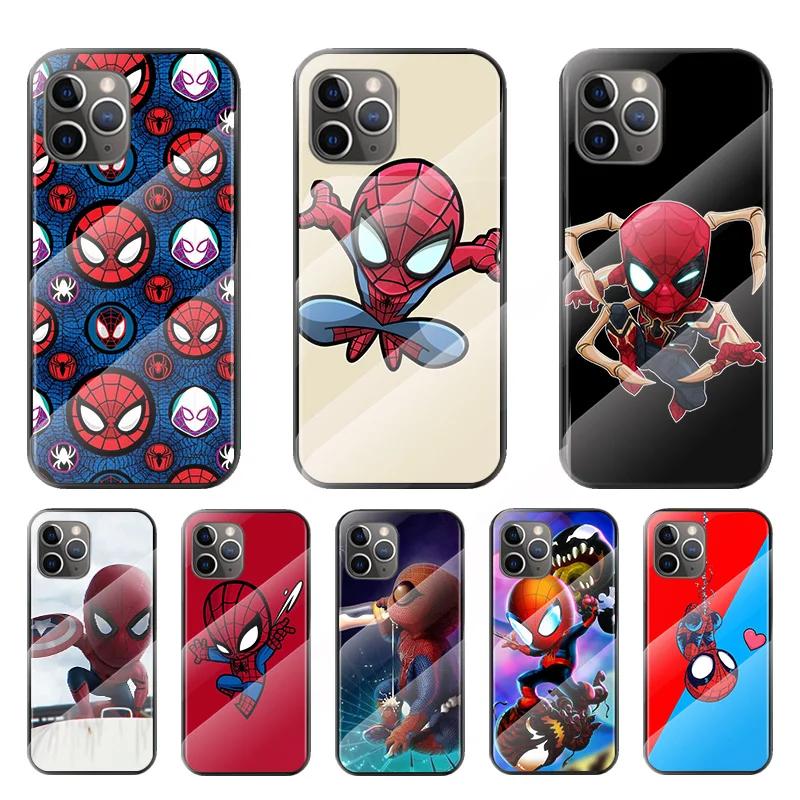 

Marvel Cute Spiderman For Apple iPhone 12 11 8 7 6 6S XS XR SE X 2020 Pro Max Mini Plus Tempered Glass Cover Phone Case