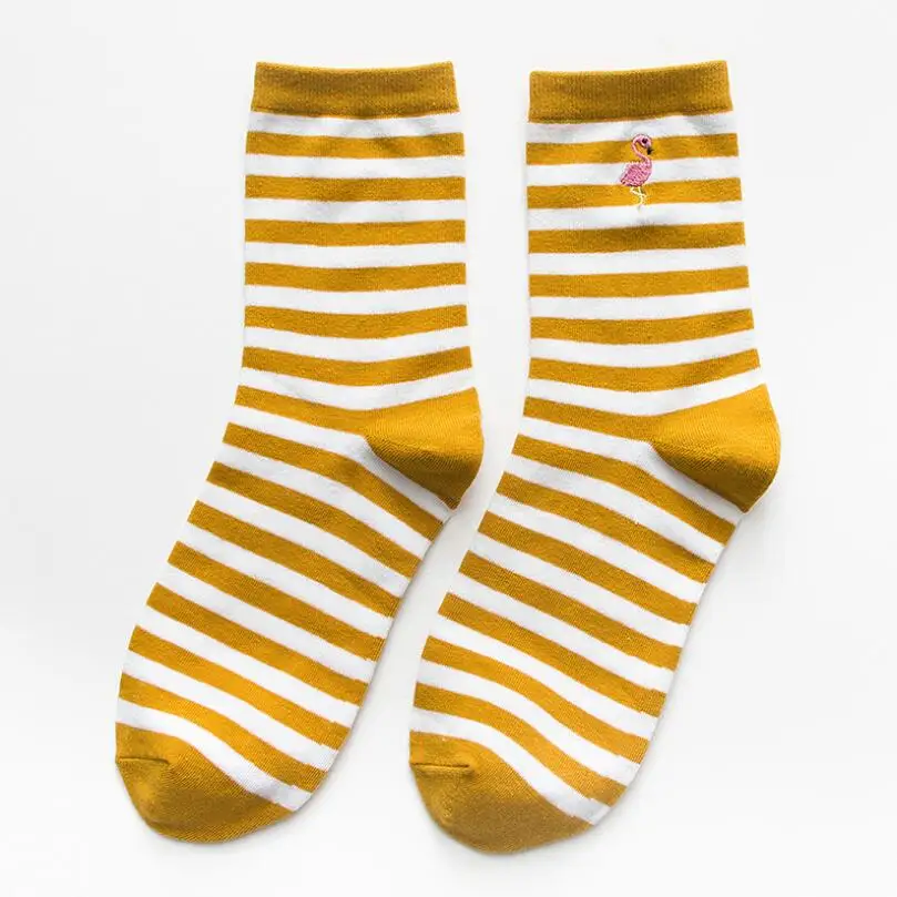 Woman Flamingo Embroidered Ankle Socks Students Soild Cotton Socks Crew Sock Girls Embroidery Cotton Striped Ankle Socks 5 Pair