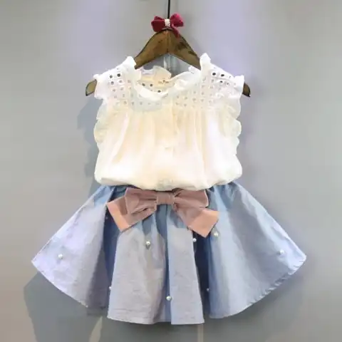 Детская одежда для девочек, новинка 2022, рубашка с оборками и воротником, Блузка + юбка с бантом и блестками, комплект одежды из 2 предметов, оп...