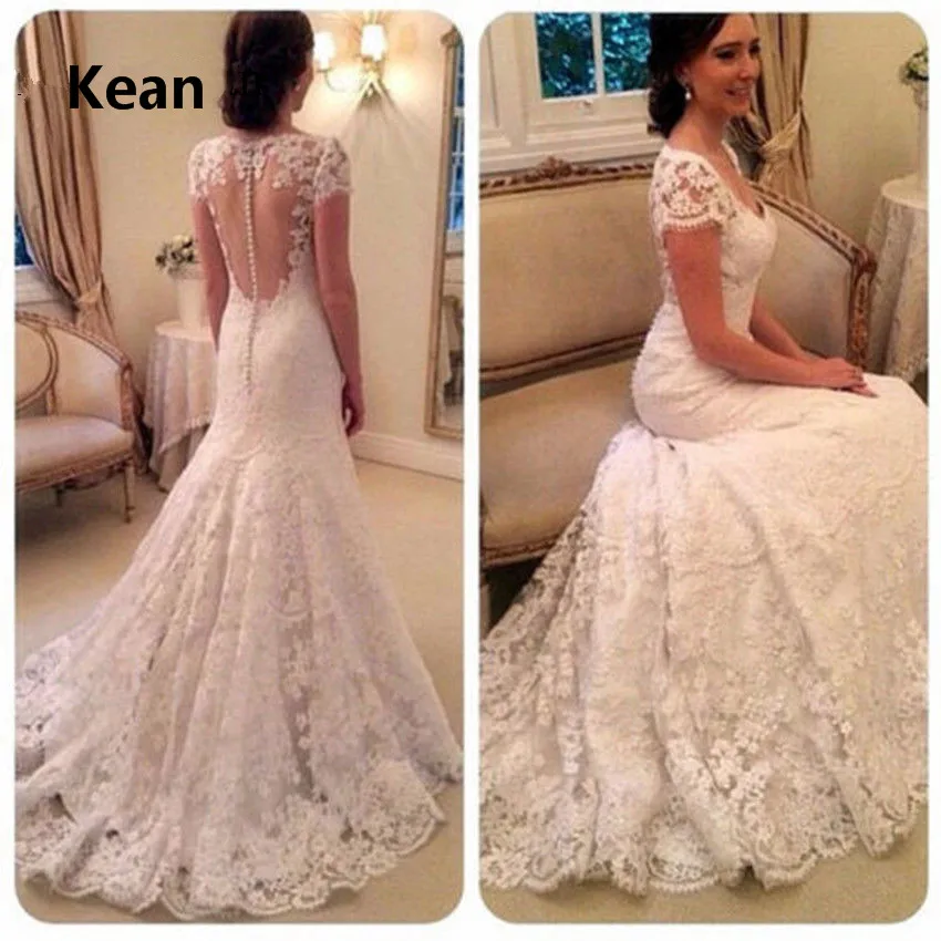 

Short Sleeve Mermaid Lace Wedding Dress Applique Backless Vestido De Noiva Dubai Arabic Wedding Gown Bride Dress Robe De Mariee