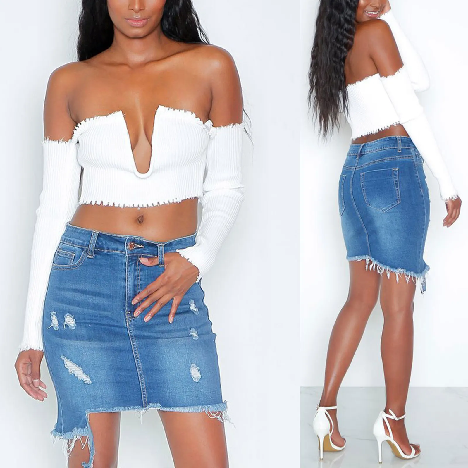 

Brand New Woman Trendy Retro Washed Irregular Denim Skirt Female Summer High Waist Denim Skirts Elastic Bodycon Hip Saia jeans