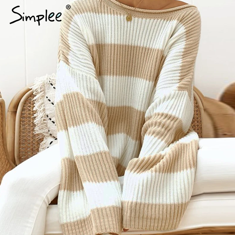 Simplee Полосатый вязаный свитер женский O-образный пуловер джемпер Свободная