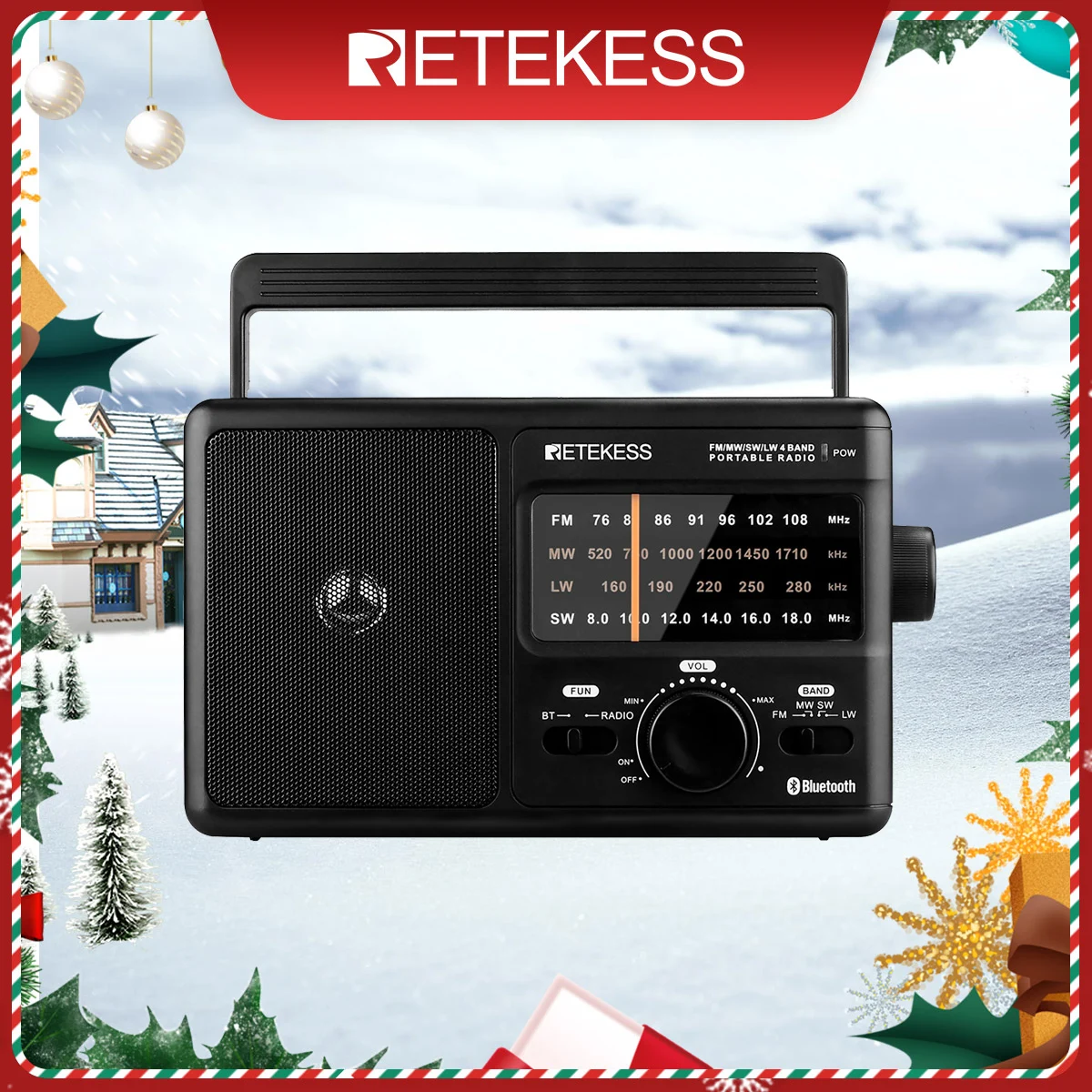 

Retekess TR626 AM FM SW LW Portable Radios With Bluetooth AC or 4xD Battery Powered Analog Radio Large Knob for Elder and Home