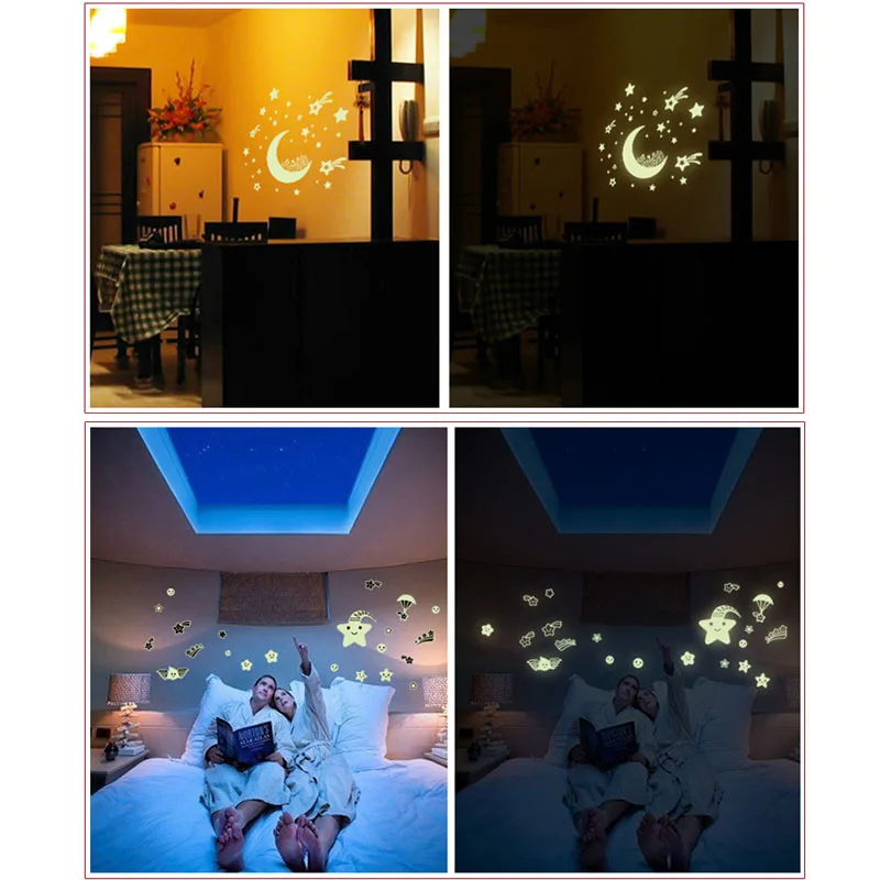 Noctilucent Wallpaper Fluorescent Wall Stick Removable Moon Castle Star Smiley Face Glow in Dark Background Wedding | Дом и сад