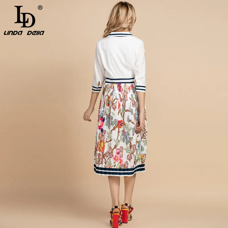 

LD LINDA DELLA 2021 Fashion Runway Designer Summer Dress Women's V-neck Striped Floral Print Holiday Elegant Midi Pleated Dress