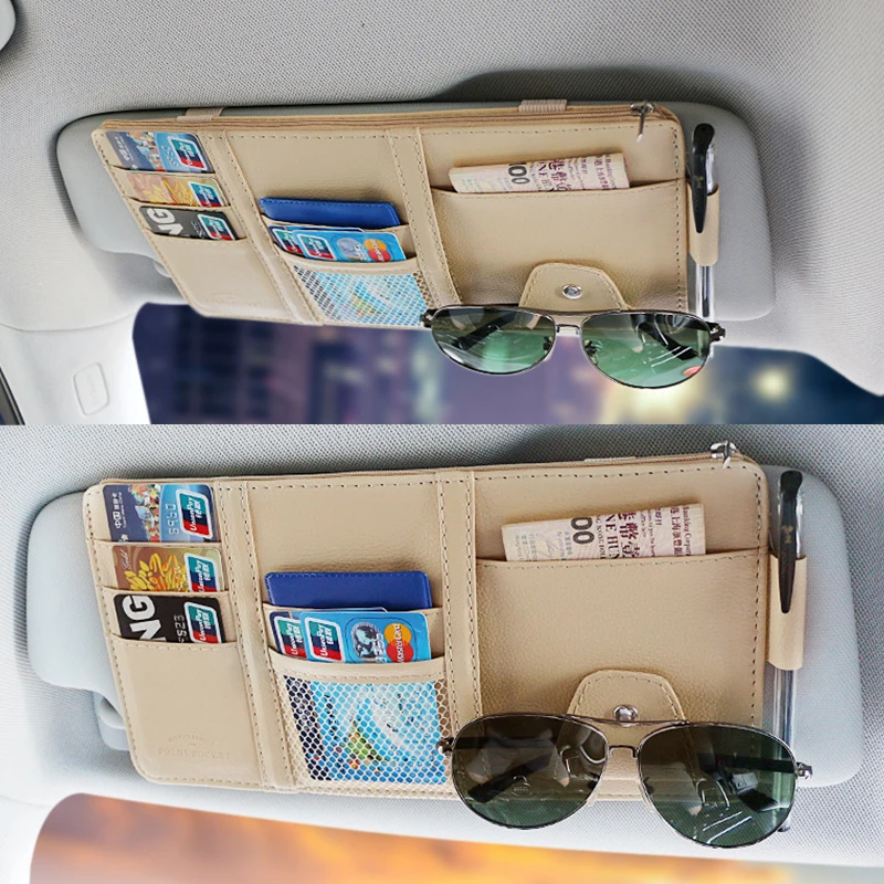 Car Sun Visor Storage Pocket Leather Sunshade Organizer Clip Card Glasses Pen Cash Holder Stowing Tidying Accessories | Автомобили и
