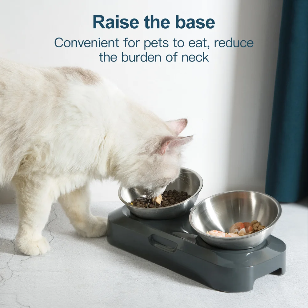 

Double Cat Dog Bowls Elevated 15 Degree Tilted Pet Neck Care Bowl Raised Stainless Steel Pet Feeding Bowl Non-Slip Stand