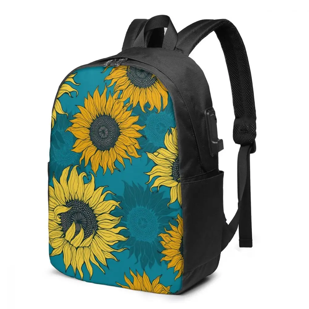 

2021 New Laptop USB Backpack Yellow Sunflowers Blue School Bag Bookbag Men Women Travel Daypack Leisure Backpack