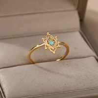 opal hexagonal star rings for women stainless steel gold hollow out flower moon geometry ring femme jewelry valentines day gift